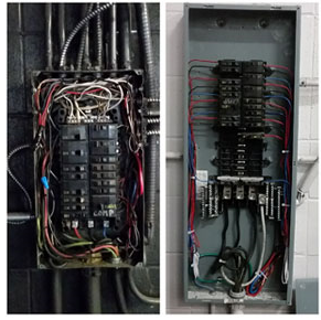 The image shows a before and after comparison of electrical panel upgrades, with the left side displaying an older, more cluttered wiring setup and the right side showing a cleaner, more organized modern electrical panel installation.