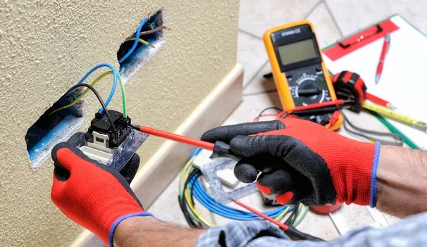 The image shows an electrician wearing red and blue work gloves using testing probes to check electrical connections in a wall outlet, with a digital multimeter visible in the background.